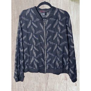Black Sheer Leaf-Print Zip Front Jacket